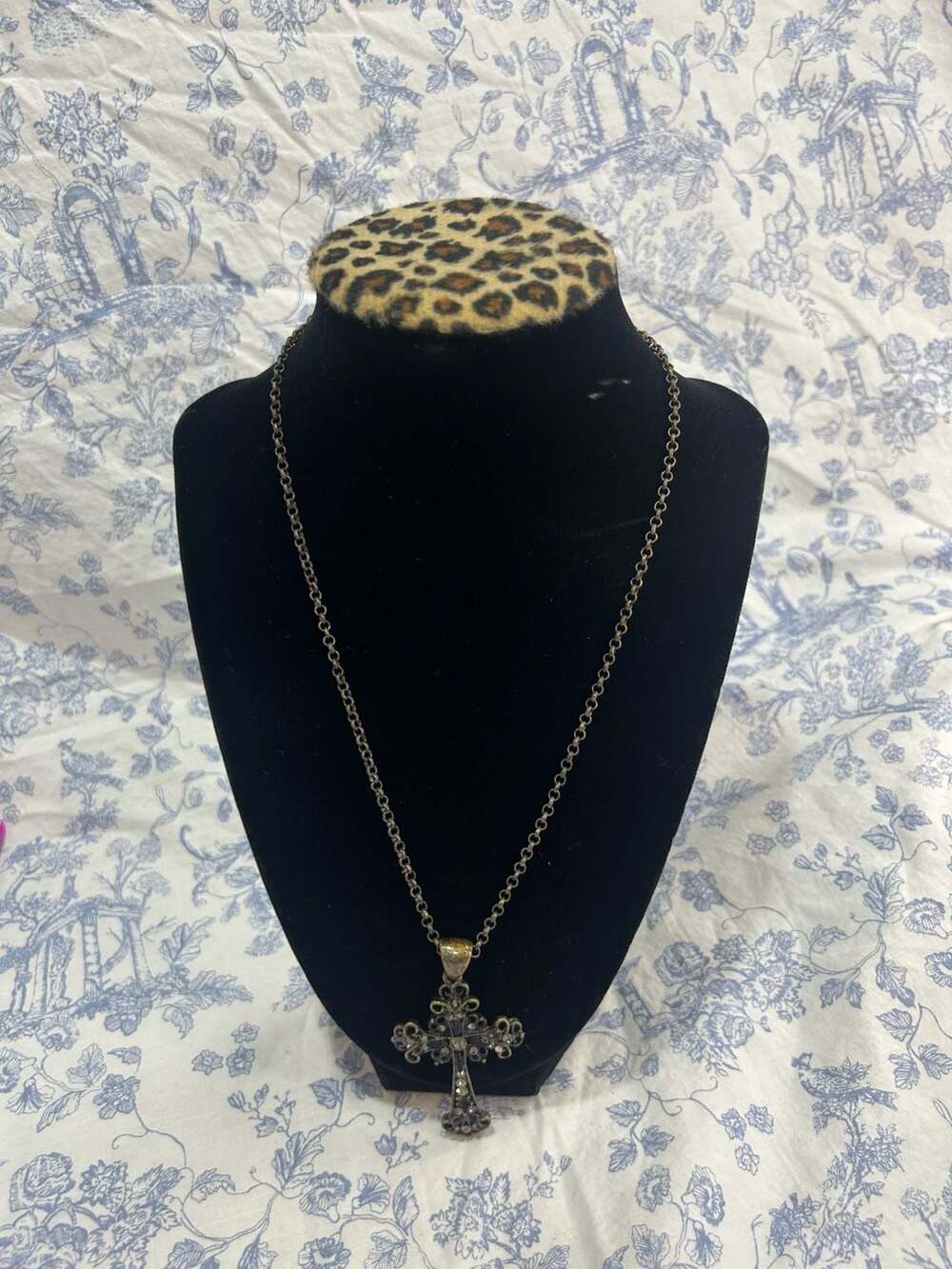 Lia Sophia Antique Bronze Cross Pendant Necklace, Black and Clear Rhinestones